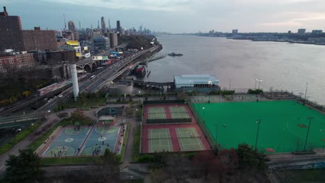 recreational sports fields with manhattan skyline in background