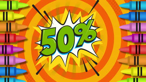 animación de 50 por ciento de texto de venta sobre lápices de colores