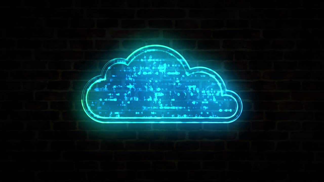 símbolo digital de neón en la pared de ladrillo