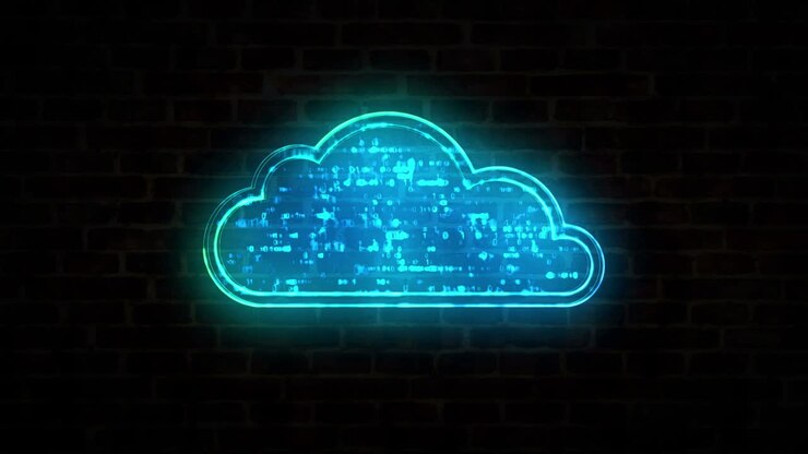 Cloud digital symbol neon on brick wall