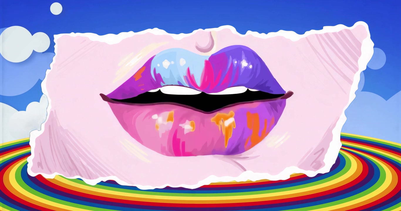 Iniziando con un cielo blu che rivela una cornice di carta che espone labbra dipinte su una base arcobaleno, mostrando arte.