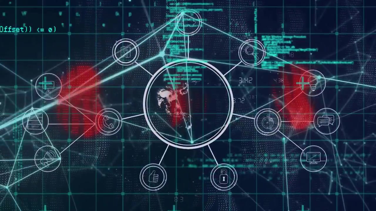 アイコンとデータ処理を伴う接続ネットワークのアニメーション。