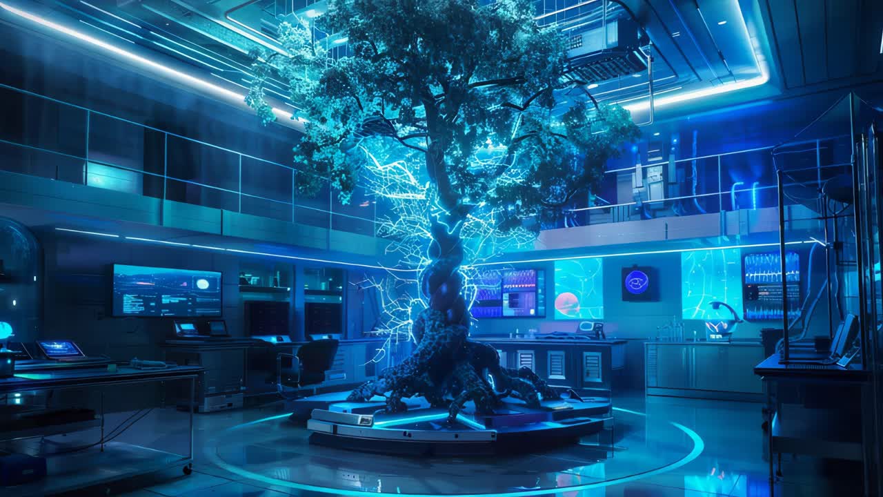 Glowing Tree in Futuristic Control Room
