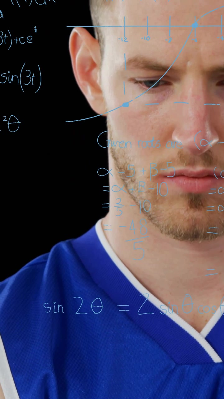 Vertical video: Math notes appearing, camera rising, blue jersey figure tilting head, solving math