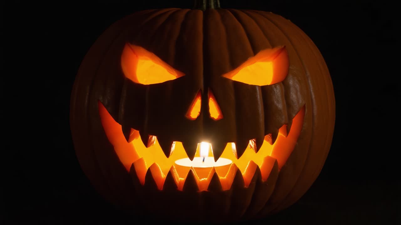 A Spooky Jack-O'-Lantern Glows with a Menacing Grin, Perfectly Carved for Halloween Celebrations, Illuminating the Darkness with Its Sinister Smile