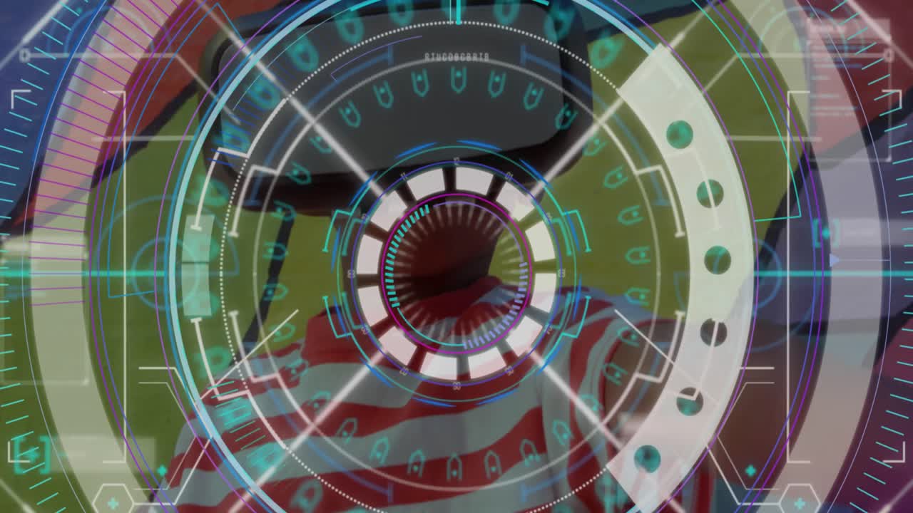 데이터 처리 및 범위 스캔 아프리카계 미국인 소년 vr 헤드 ⁇ 을 착용하는 동안 제스처링