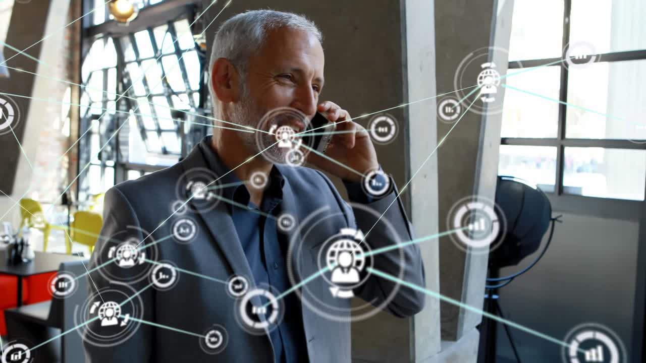 Animation of network of connections over caucasian senior businessman using smartphone