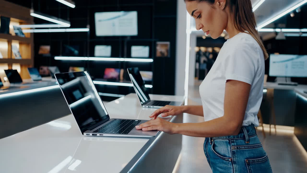 Woman browsing laptops in a modern electronics store