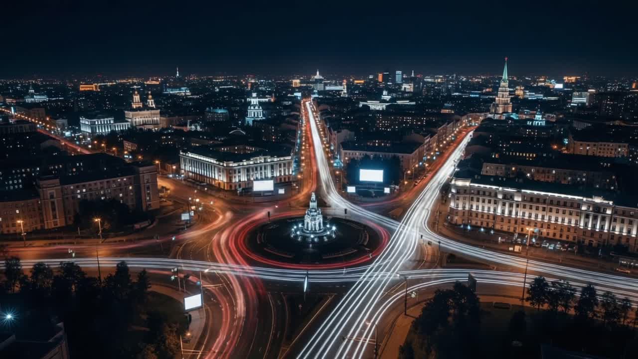 A Beautiful Nighttime Cityscape Featuring an Intersection with Flowing Traffic and Glowing City Lights, Captured from an Aerial Perspective Highlighting Urban Life