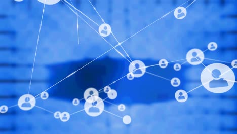 animation of networks of connections with icons over blue screens