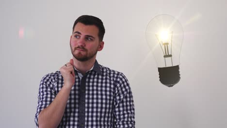 young man in front of white background surrounded by mathematical formulas and diagrams thinks about a problem and finds a solution