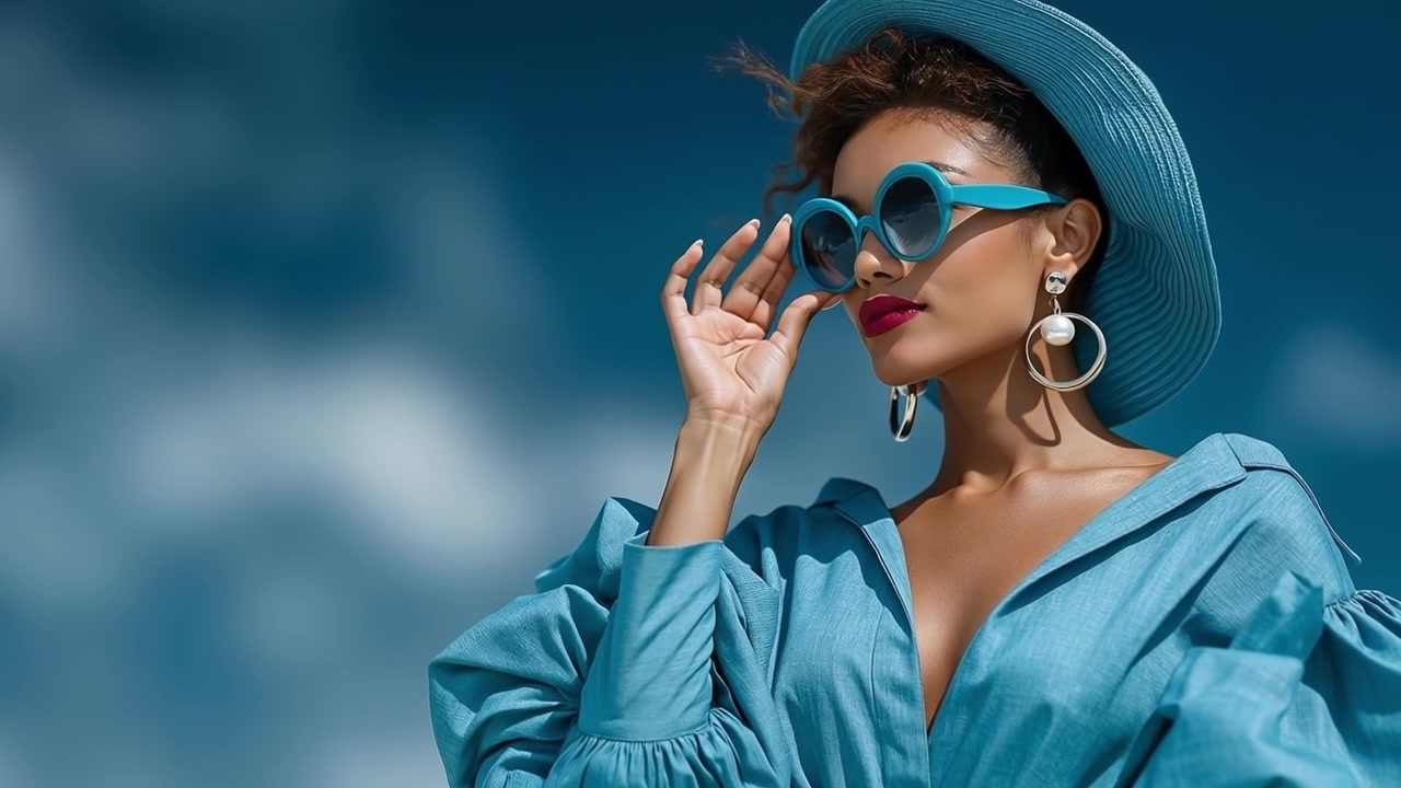 Donna elegante che indossa un top blu con maniche a sbuffo e occhiali da sole oversize, mentre guarda verso il cielo.