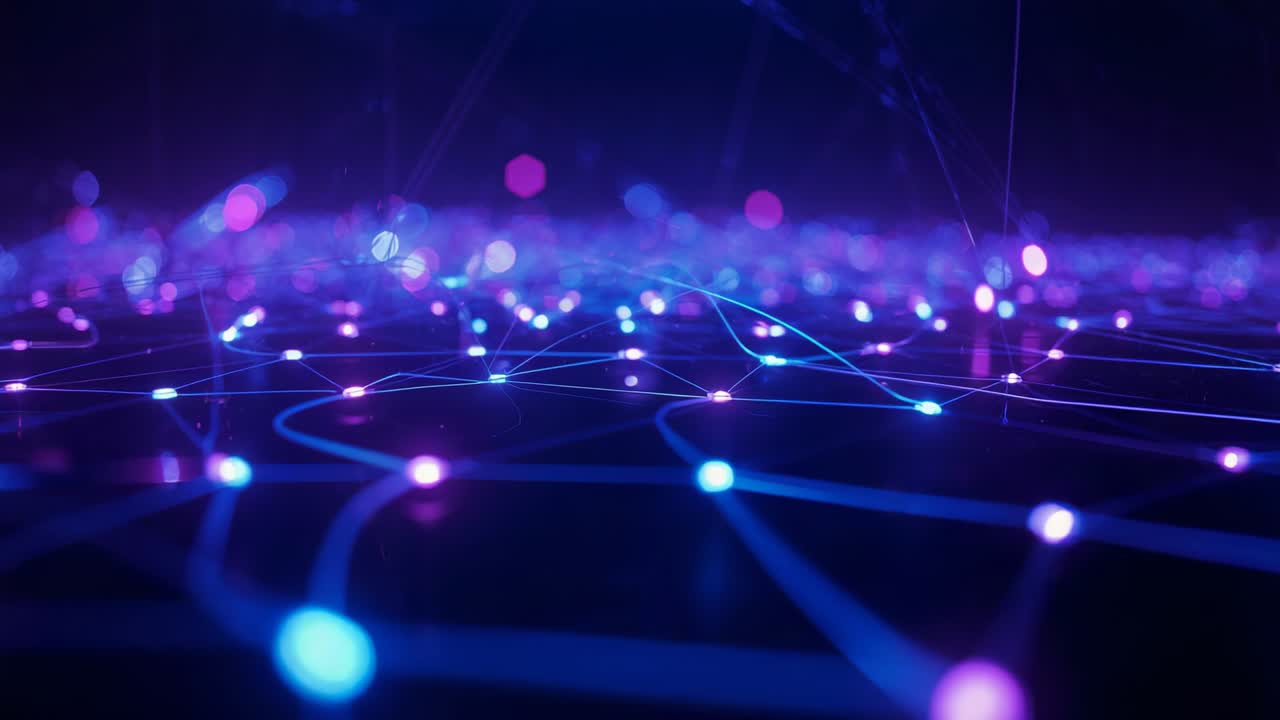 Opening digital plane camera shifting view revealing pulsing blue violet nodes along grid lines