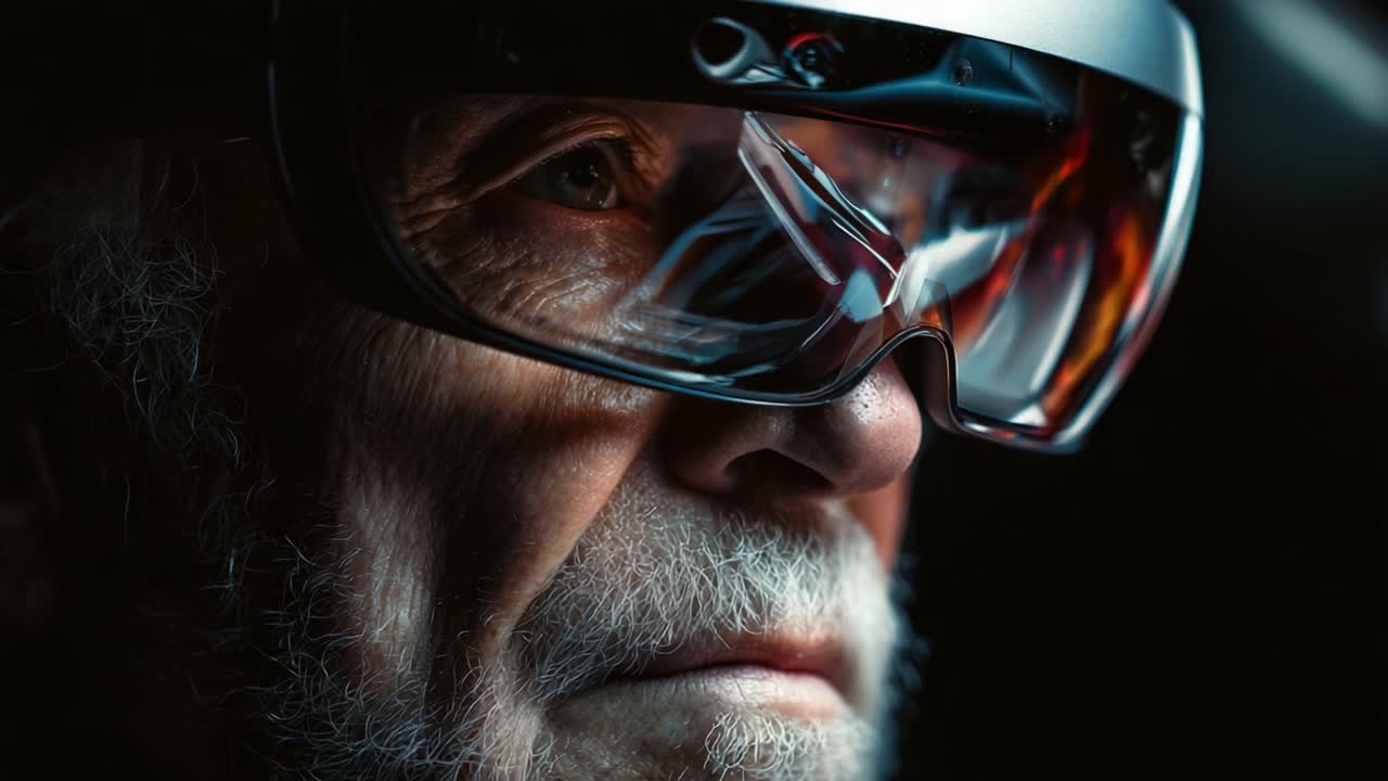 An Intense Close-Up of an Elderly Man Wearing High-Tech Glasses, Capturing the Depth of His Thoughts and Experiences, Emphasizing the Blend of Wisdom and Futuristic Technology in Human Life