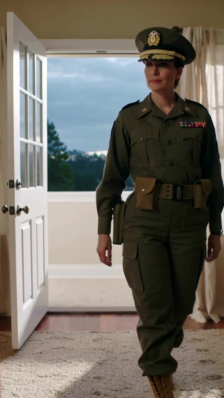 Video verticale: Apertura di una porta finestra, un ufficiale in uniforme che entra in casa, ispezionando la stanza con il berretto.