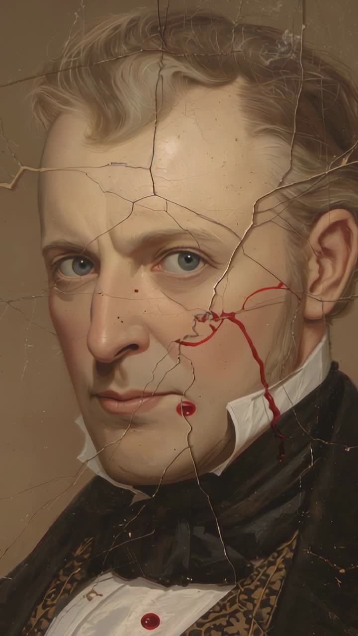 Vídeo vertical: primer plano que se acerca a un retrato pintado con una grieta por la que se filtra pintura roja debido al paso del tiempo, manchando el cuello