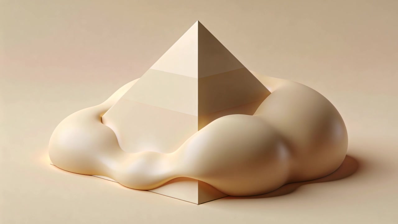 Pulling soft amorphous mass by gravity, enveloping centered pyramid on studio base, shifting right