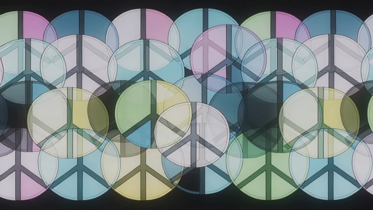Sweeping mask moving across black screen, making translucent pastel peace-disc overlaps shifting