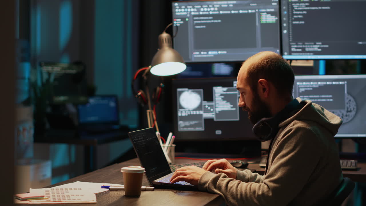 Man coding on a laptop in a dark office