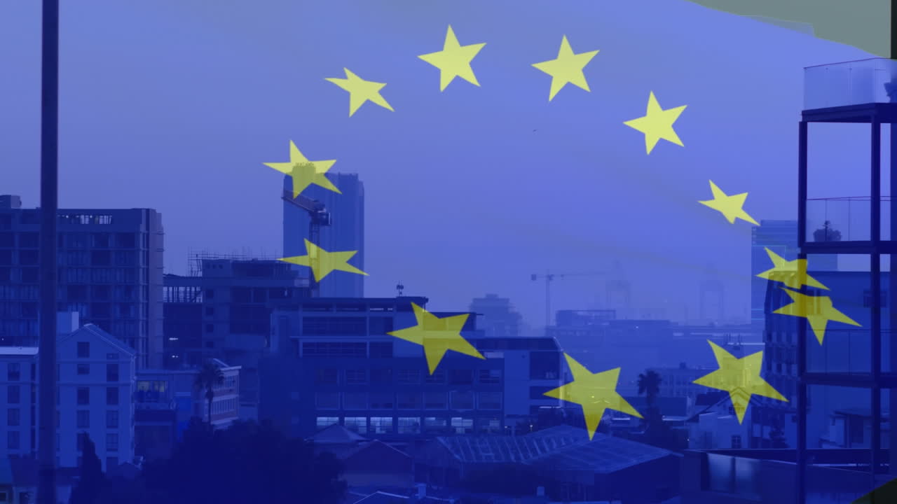 현대 도시 풍경 위 에 있는 유럽 연합 의  ⁇ 발 의 애니메이션