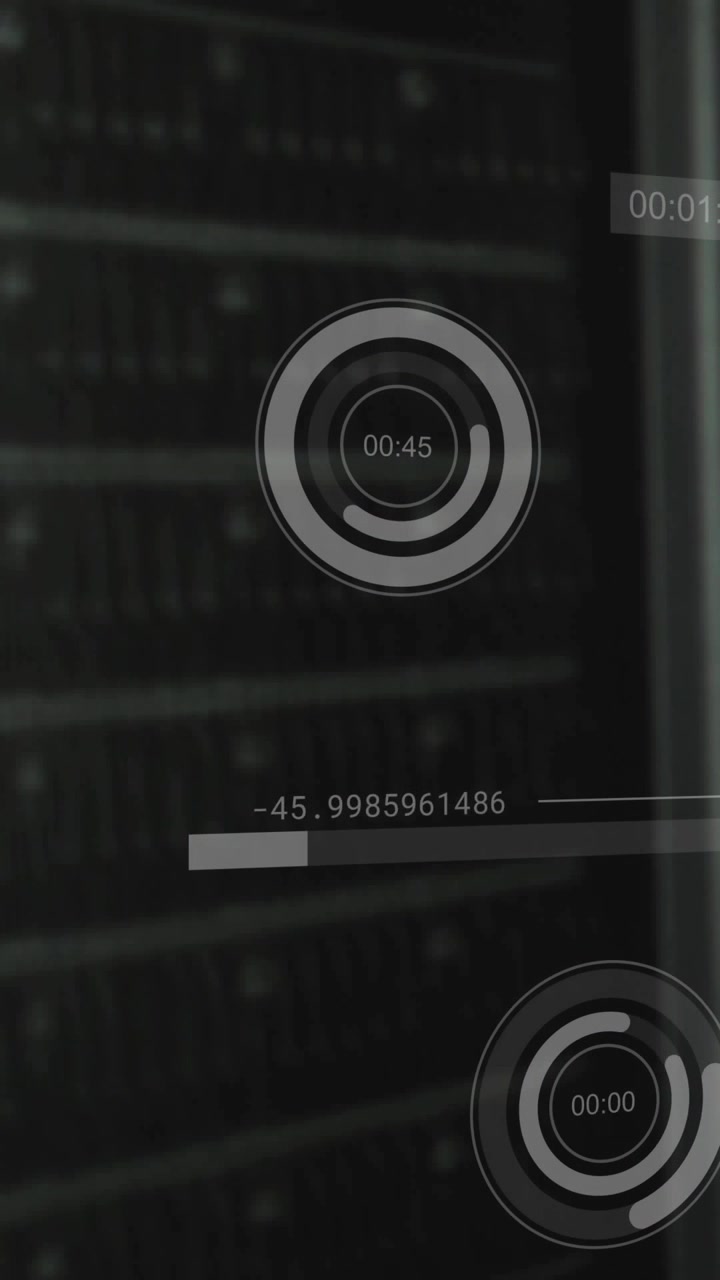 Vertical video: HUD timers shifting arcs updating bars over racks, data feed driving live IT status