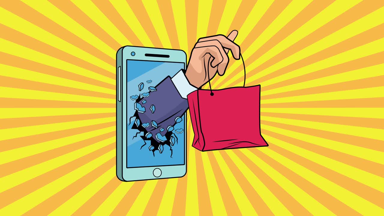 smartphone con la mano levantando la bolsa de compras animación de estilo pop art