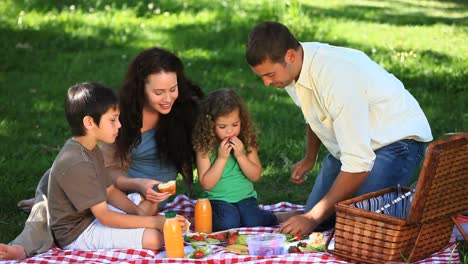 Linda-Familia-Festejando-En-Un-Picnic-Sobre-Un-Mantel