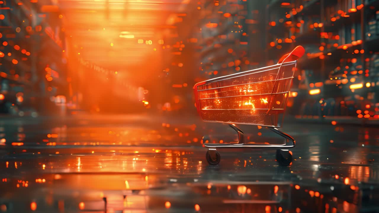 Futuristic Digital Shopping Cart in an Abstract Data-Driven Aisle