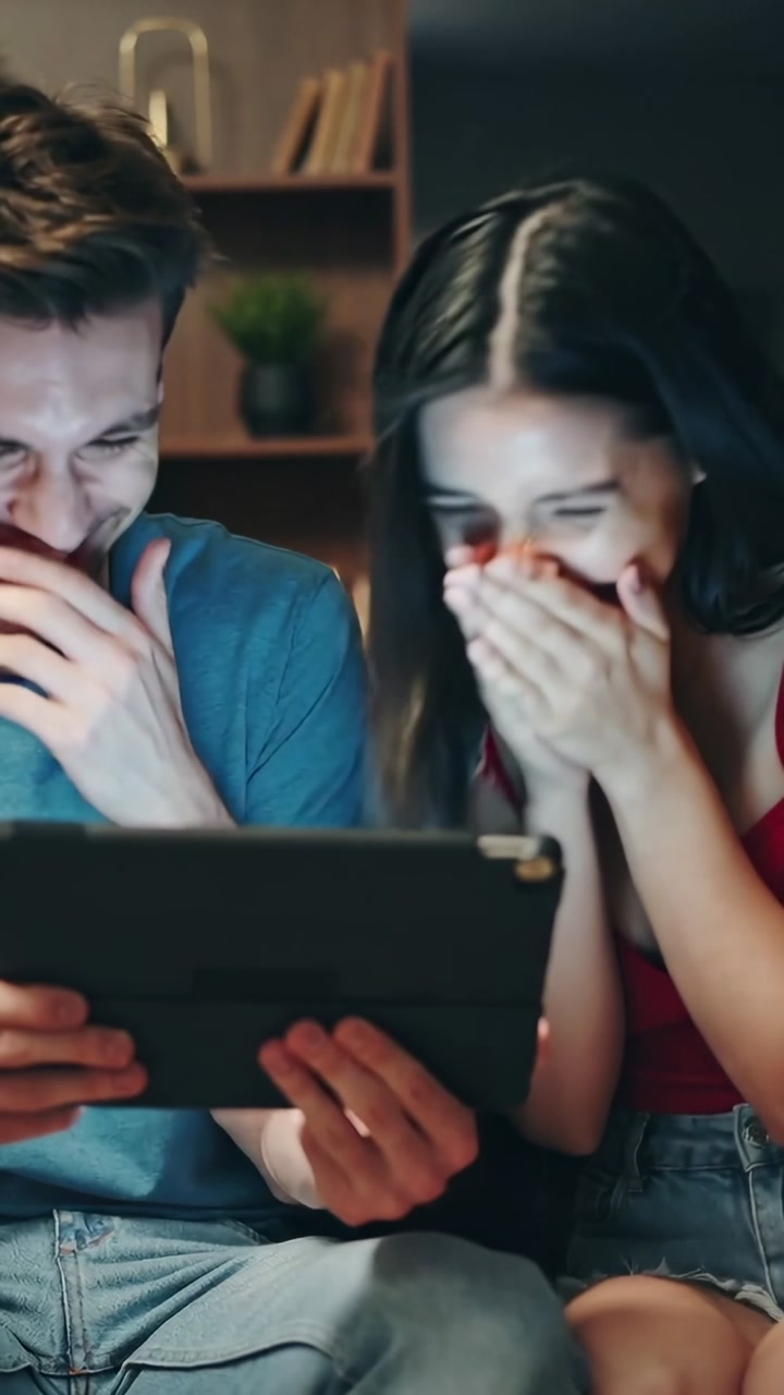 Vertical video: Watching couple in teal shirt and red top on couch holding tablet, laughing at clip