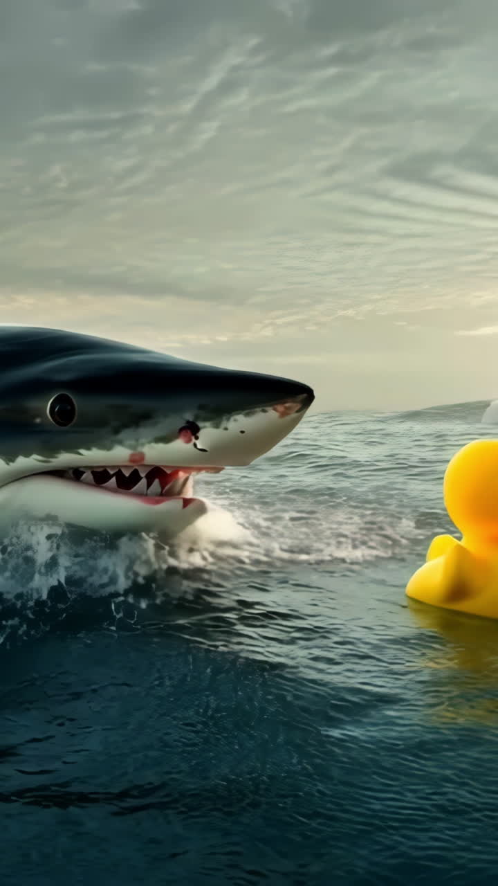 Shark chases rubber duck in ocean waves. A large shark pursues a bright yellow rubber duck in turbulent ocean waters under a cloudy sky.