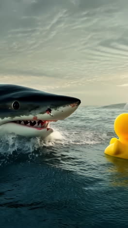 shark chases rubber duck in ocean waves. a large shark pursues a bright yellow rubber duck in turbulent ocean waters under a cloudy sky.