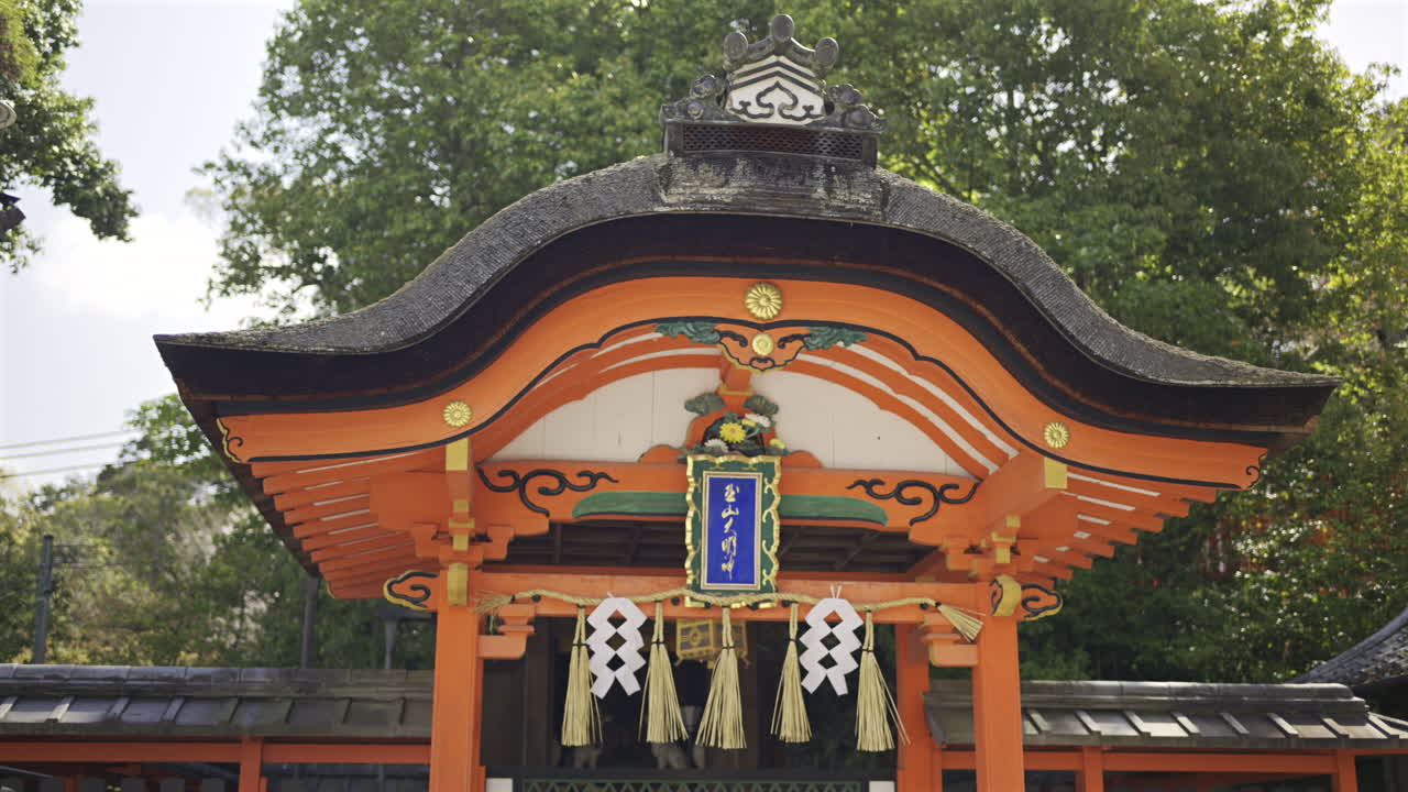 Red buildings of a historic shrine. The site features vibrant colors and intricate designs representing Japanese culture. Text translation: ''Okami Shrine". Fushimi Inari, Kyoto, Japan