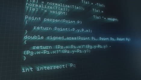 Programming code and mathematical formulas animation over digital screen background