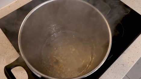 water boiling vigorously in a metal pot