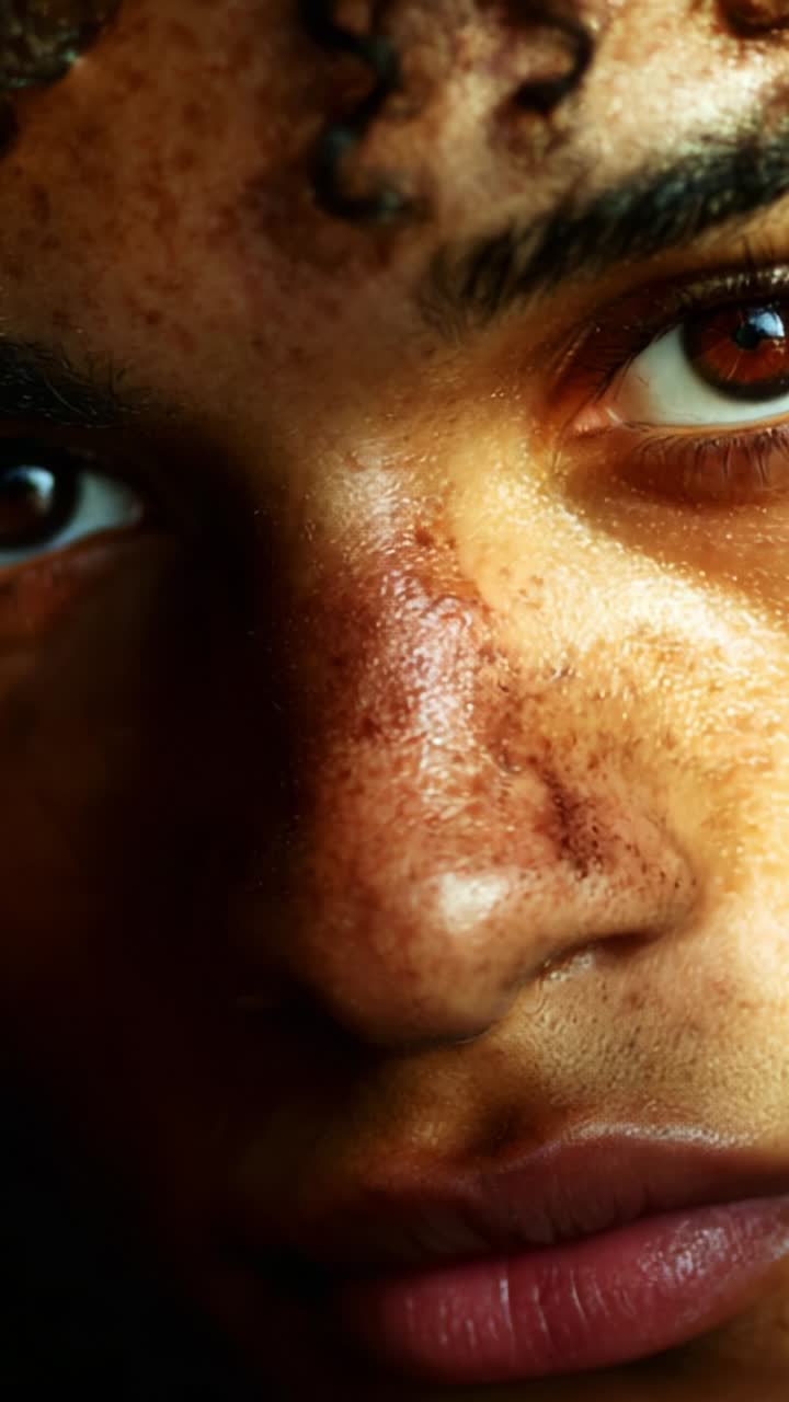 A Close-Up Portrait Showcasing Intensity and Depth in Facial Features Highlights Emotional Expression and Diverse Textures in Skin Tone and Hair