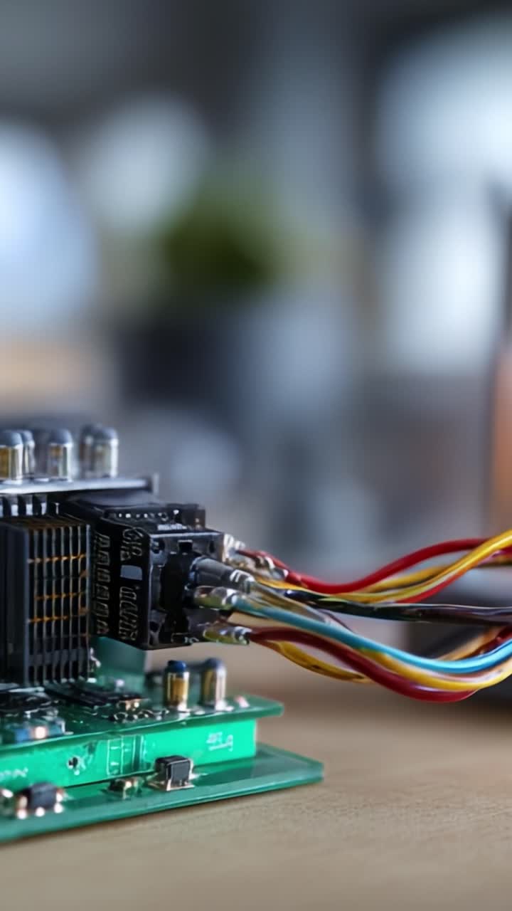Detailed Close-Up of Electronic Circuit Board with Colorful Wires and Components, Showcasing Technology and Innovation in Electronic Design and Engineering
