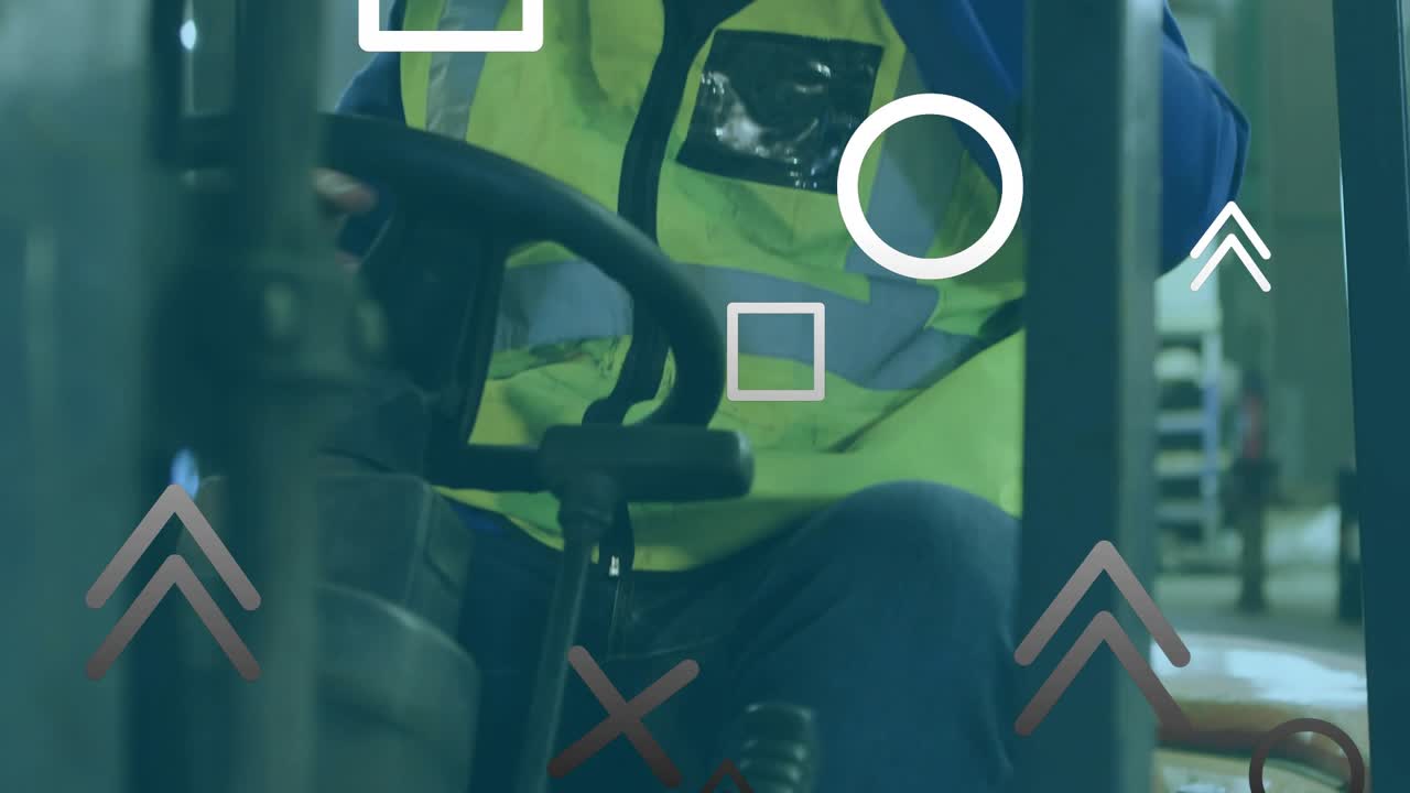 Forklift operator answering call then checking phone in warehouse, animated alert showing hazard