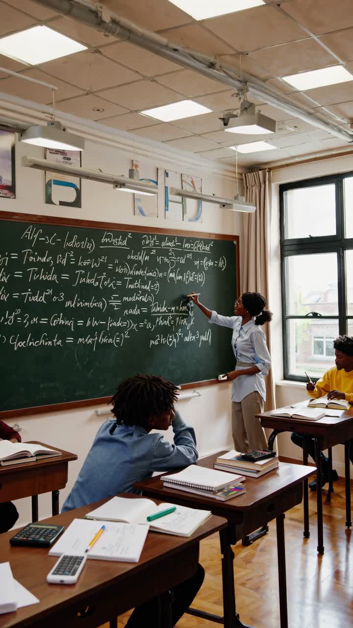 A classroom scene captured from a low angle, featuring a teacher writing equations on a chalkboard