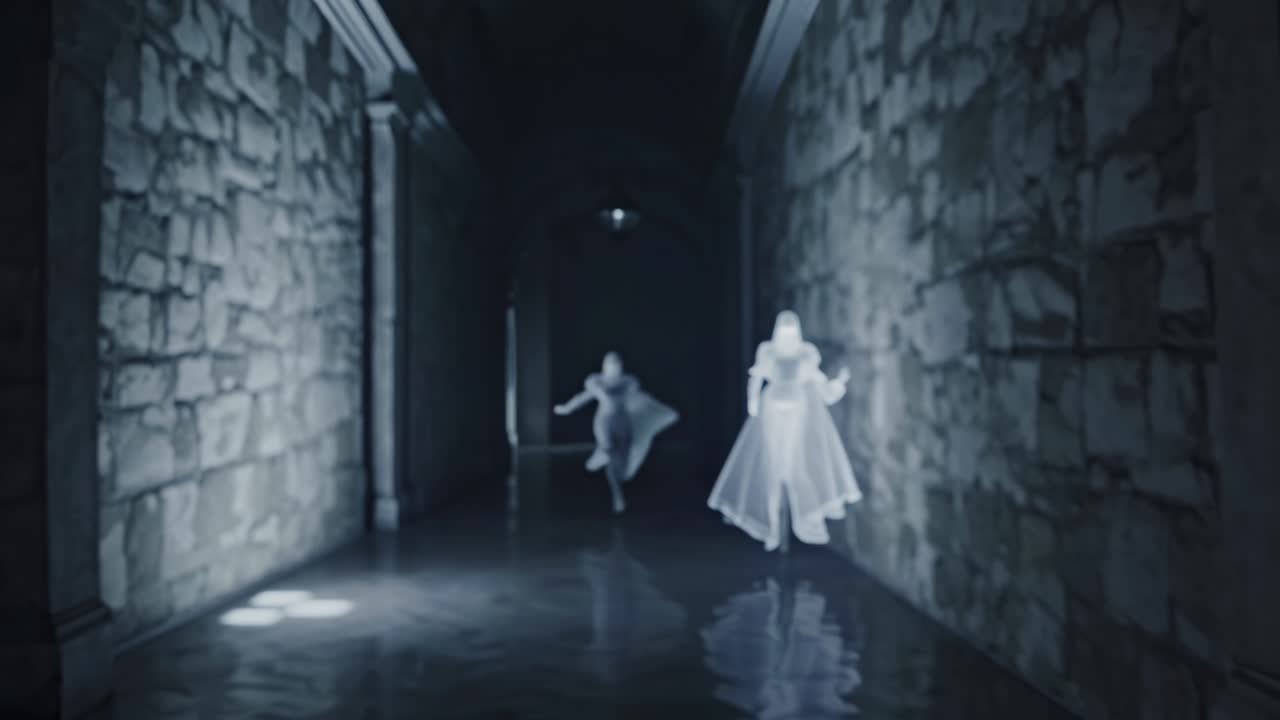 Eerie Hallway with Ghostly Figures