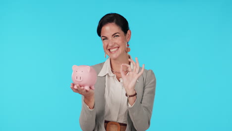 Piggy-bank,-happy-and-woman-portrait-with-perfect