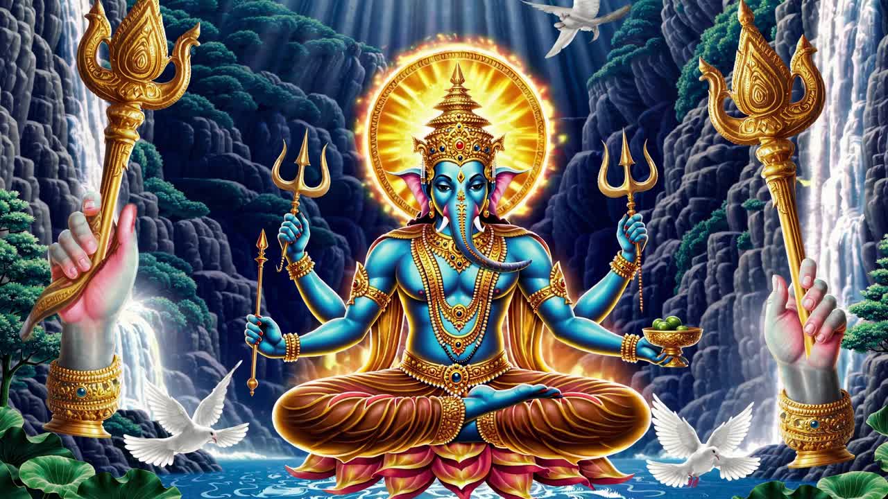 Conceito de vídeo vibrante de uma divindade com vários braços, tendo uma mística cachoeira como plano de fundo