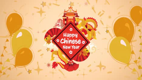 animation of happy chinese new year text, with dragon and temples and yellow balloons and confetti