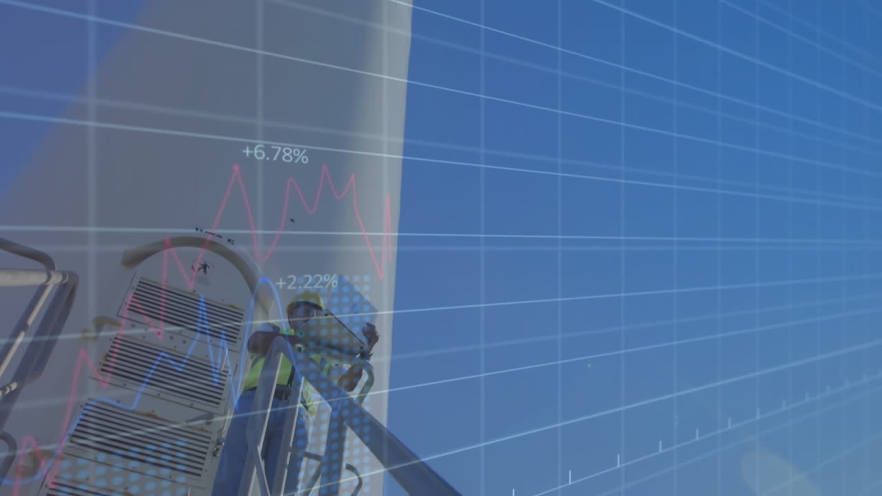 engineer monitoring stock market graphs on laptop atop scissor lift, showing percent figures
