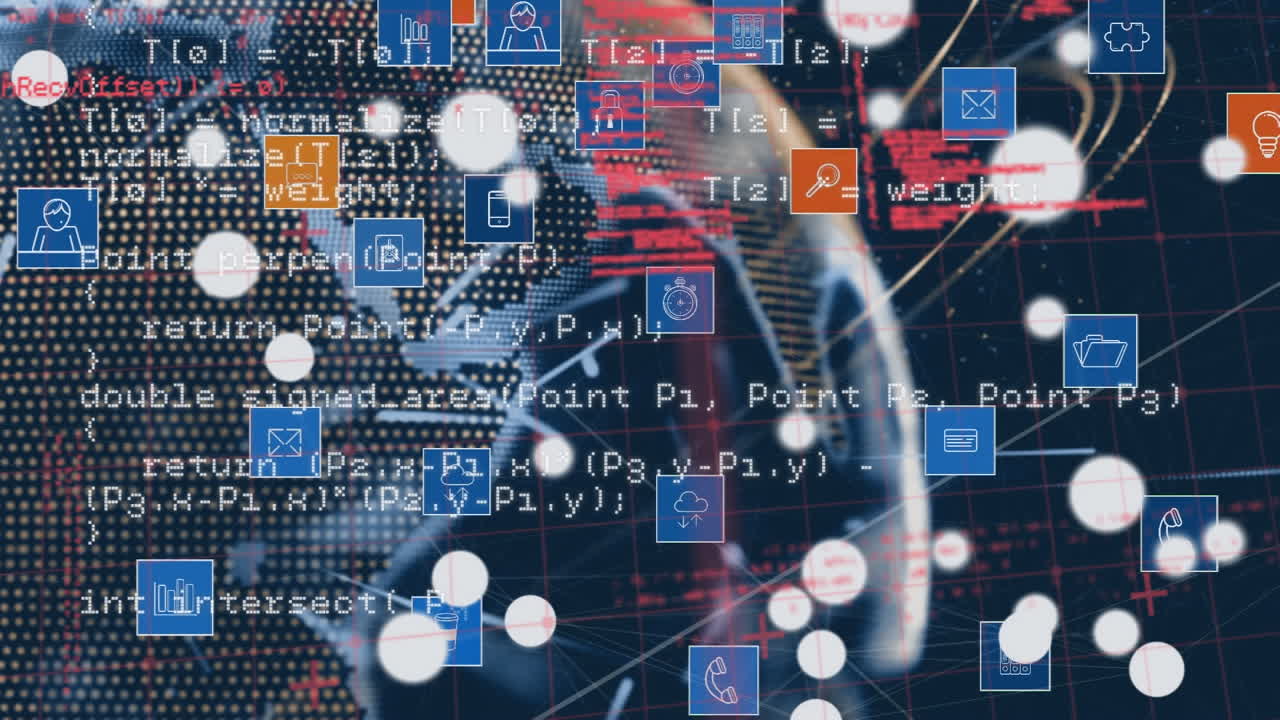 Animation of data processing and networks of connections over dark background