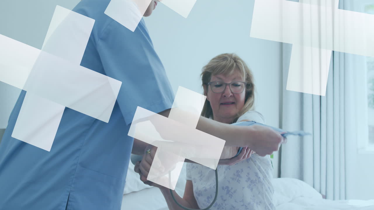 백인 여성 의사와 고령 환자의 대화에 대한 십자가의 애니메이션