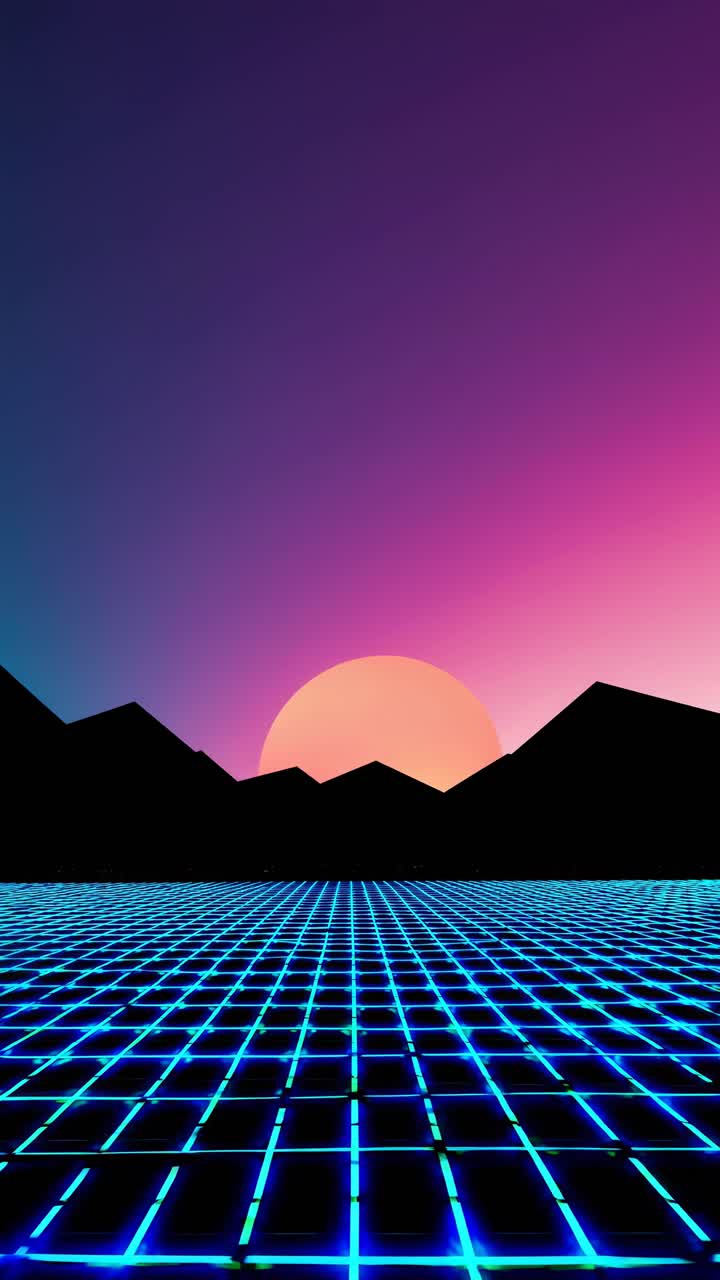 Retro-futuristic video concept with a low-angle view of a neon grid landscape