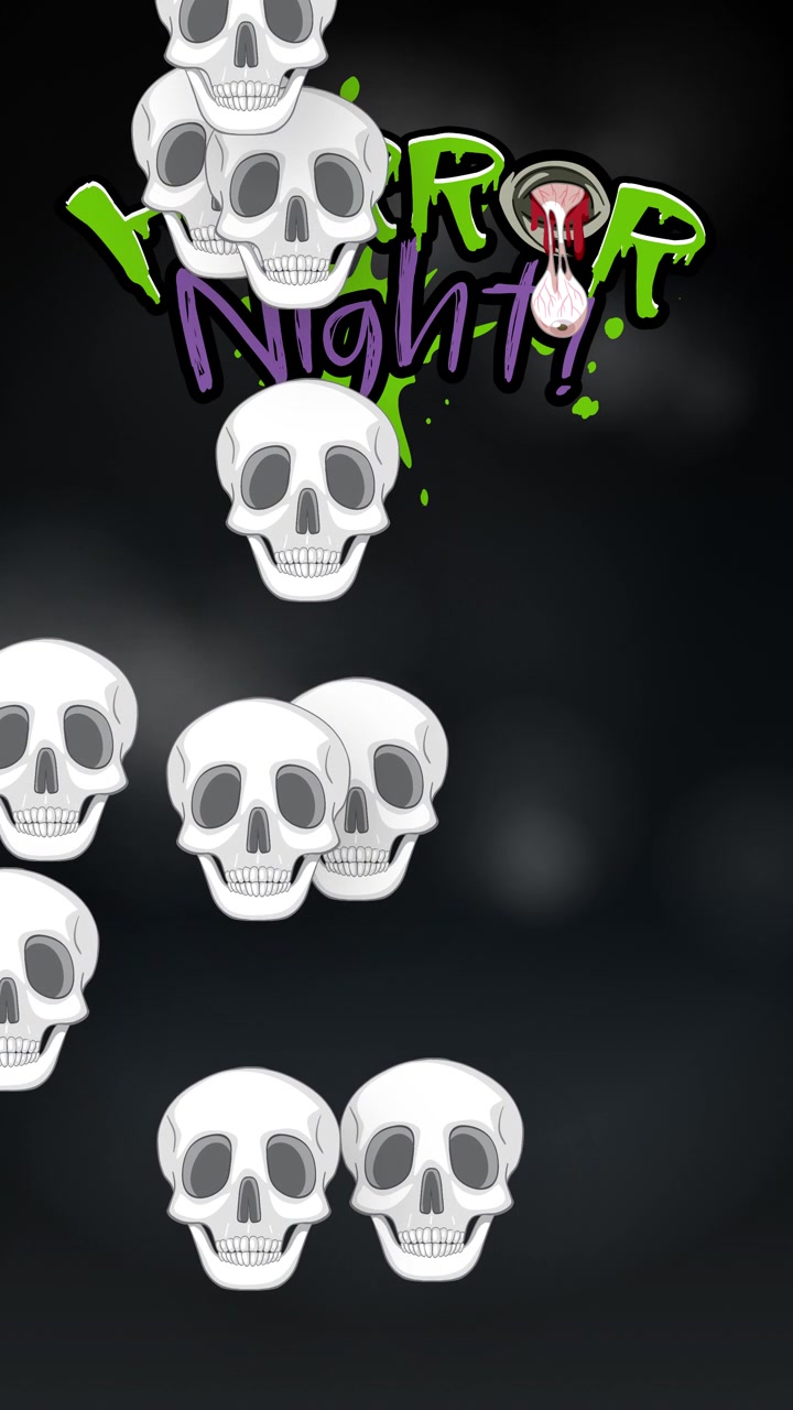 Teschi stilizzati fluttuano su sfondo scuro con testo 'horror night' stilizzato e grafica di melma verde.