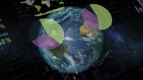 digital animation of statistical data processing against spot of light and globe rotating in space