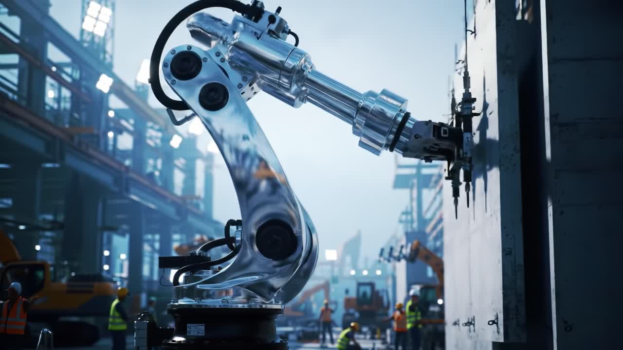 Advanced Robotic Arm in Action: Precision Engineering and Construction Automation in a Modern Industrial Facility