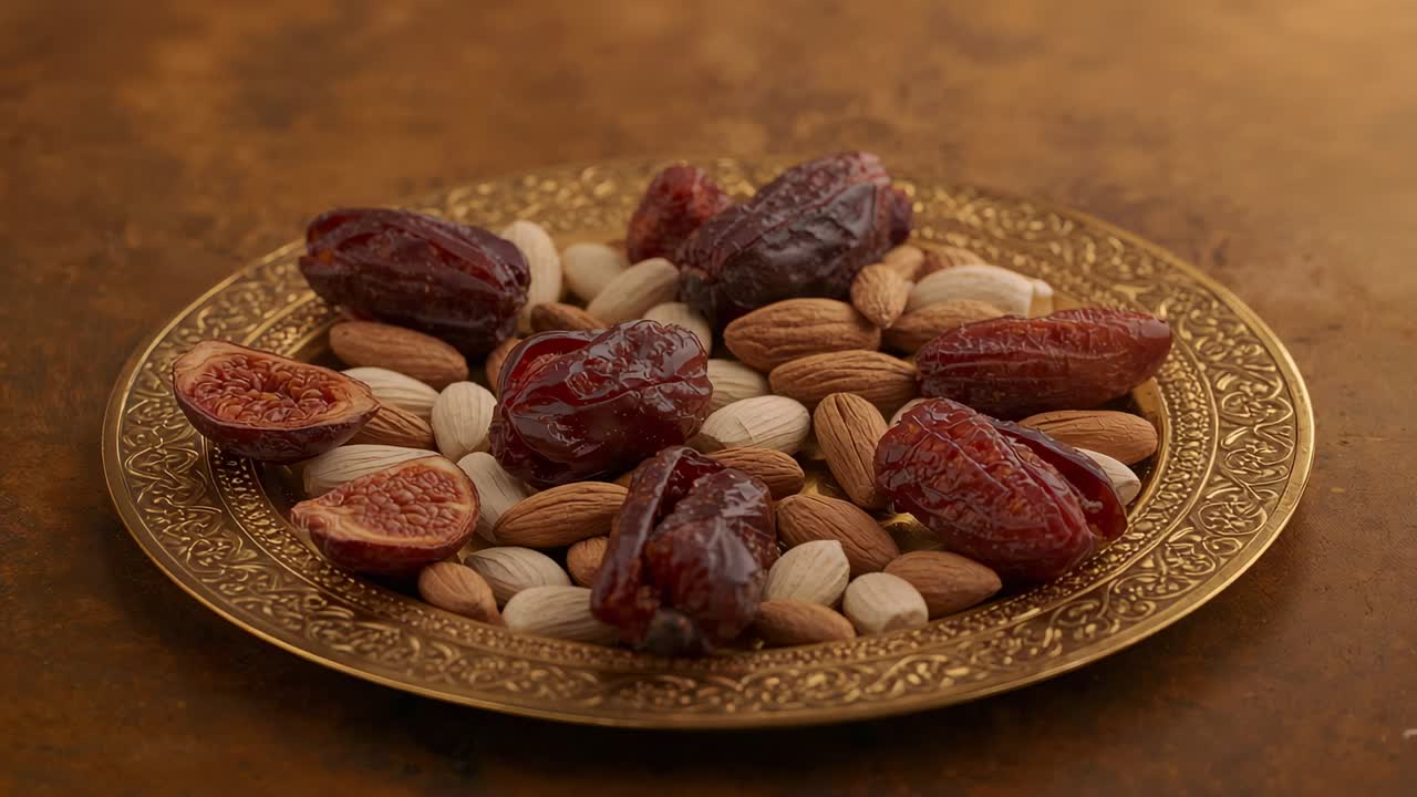 Moving camera closing on engraved plate at warm brown tabletop, showing textures of dates and nuts